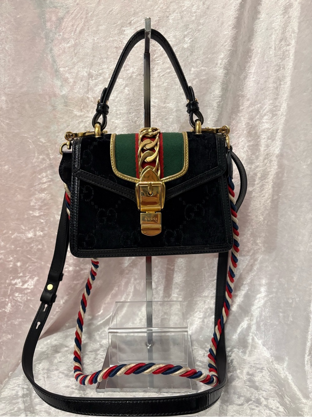 Gucci GG Velvet Mini Sylvie Top Handle Bag Black 2 Straps COA